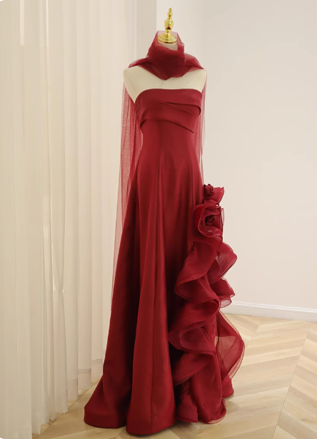 Elegant Burgundy 3D Floral Embellished Strapless Satin Long Prom Dress Evening Dress Main image