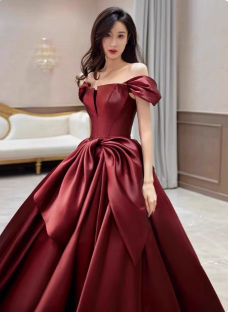 Elegant Burgundy A-Line Off-The-Shoulder Bow Satin Train Prom Dress Evening Dress Secondary image