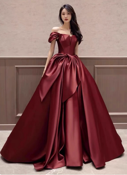 Elegant Burgundy A-Line Off-The-Shoulder Bow Satin Train Prom Dress Evening Dress Main image