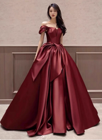 Elegant Burgundy A-Line Off-The-Shoulder Bow Satin Train Prom Dress Evening Dress