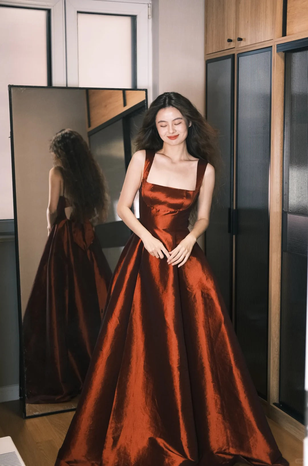 Elegant Burgundy A-Line Square Neck Bow Satin Long Prom Dress Evening Dress