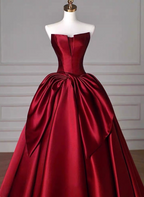 Elegant Burgundy A-Line Strapless Satin Train Prom Dress Evening Dress