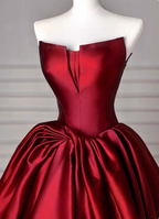 Elegant Burgundy A-Line Strapless Satin Train Prom Dress Evening Dress