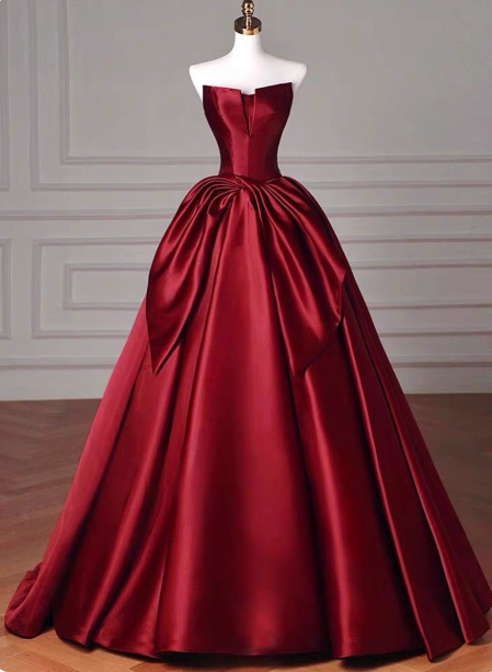 Elegant Burgundy A-Line Strapless Satin Train Prom Dress Evening Dress