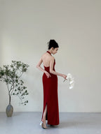 Elegant Burgundy Fitted Halter Neck Deep V-Neck Satin Long Prom Evening Dress