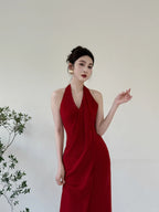Elegant Burgundy Fitted Halter Neck Deep V-Neck Satin Long Prom Evening Dress