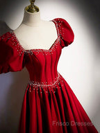 Elegant Burgundy Floor Length Formal Prom Dress, A-Line Beading Puffy Short Sleeve Backless Formal Dress