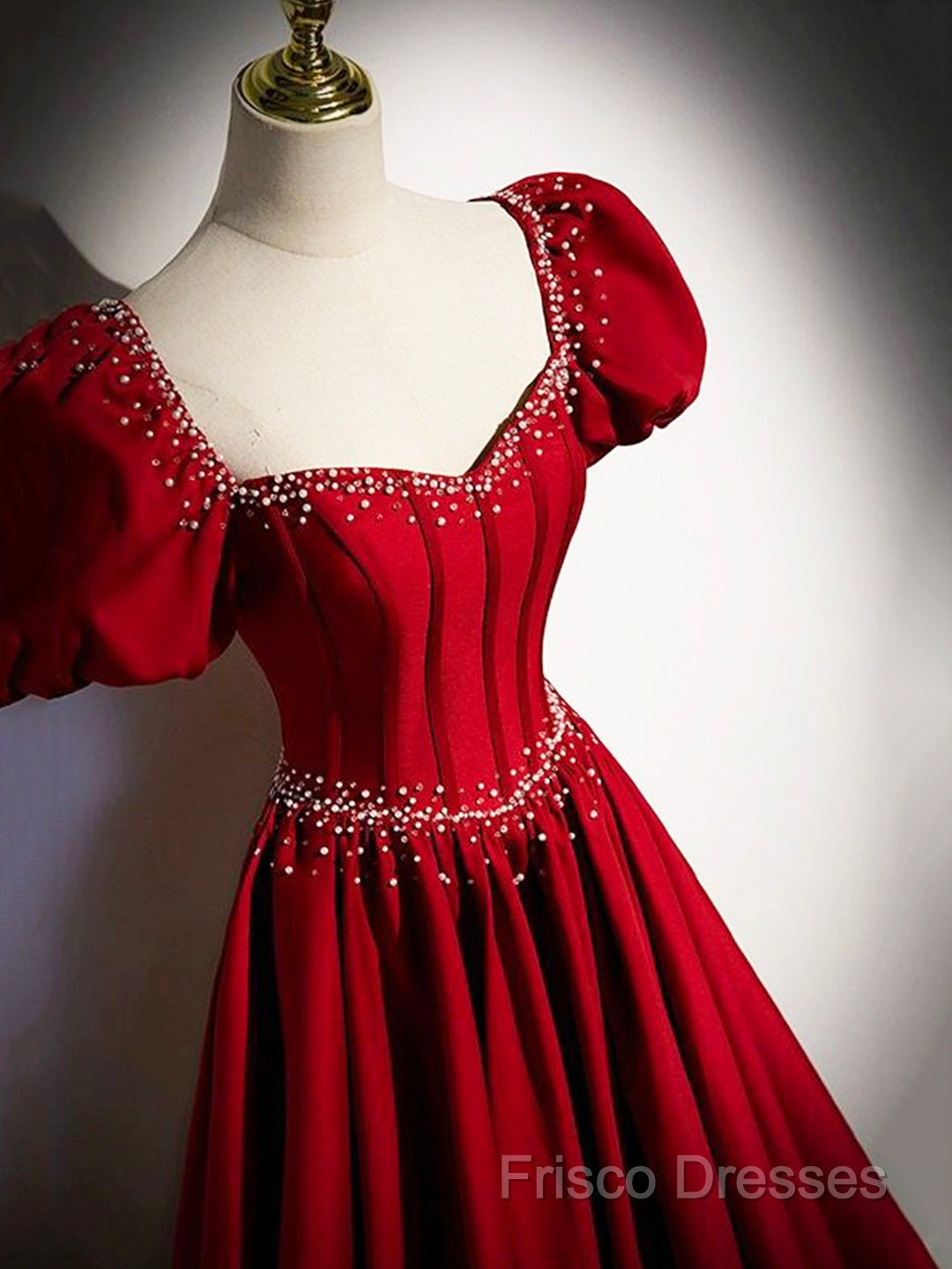 Elegant Burgundy Floor Length Formal Prom Dress, A-Line Beading Puffy Short Sleeve Backless Formal Dress