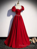 Elegant Burgundy Floor Length Formal Prom Dress, A-Line Beading Puffy Short Sleeve Backless Formal Dress