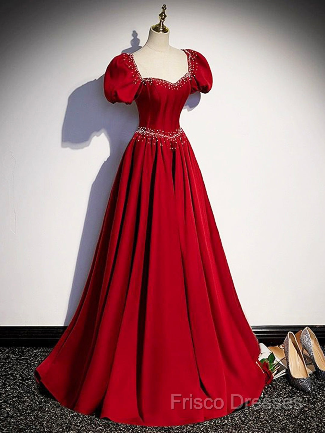 Elegant Burgundy Floor Length Formal Prom Dress, A-Line Beading Puffy Short Sleeve Backless Formal Dress