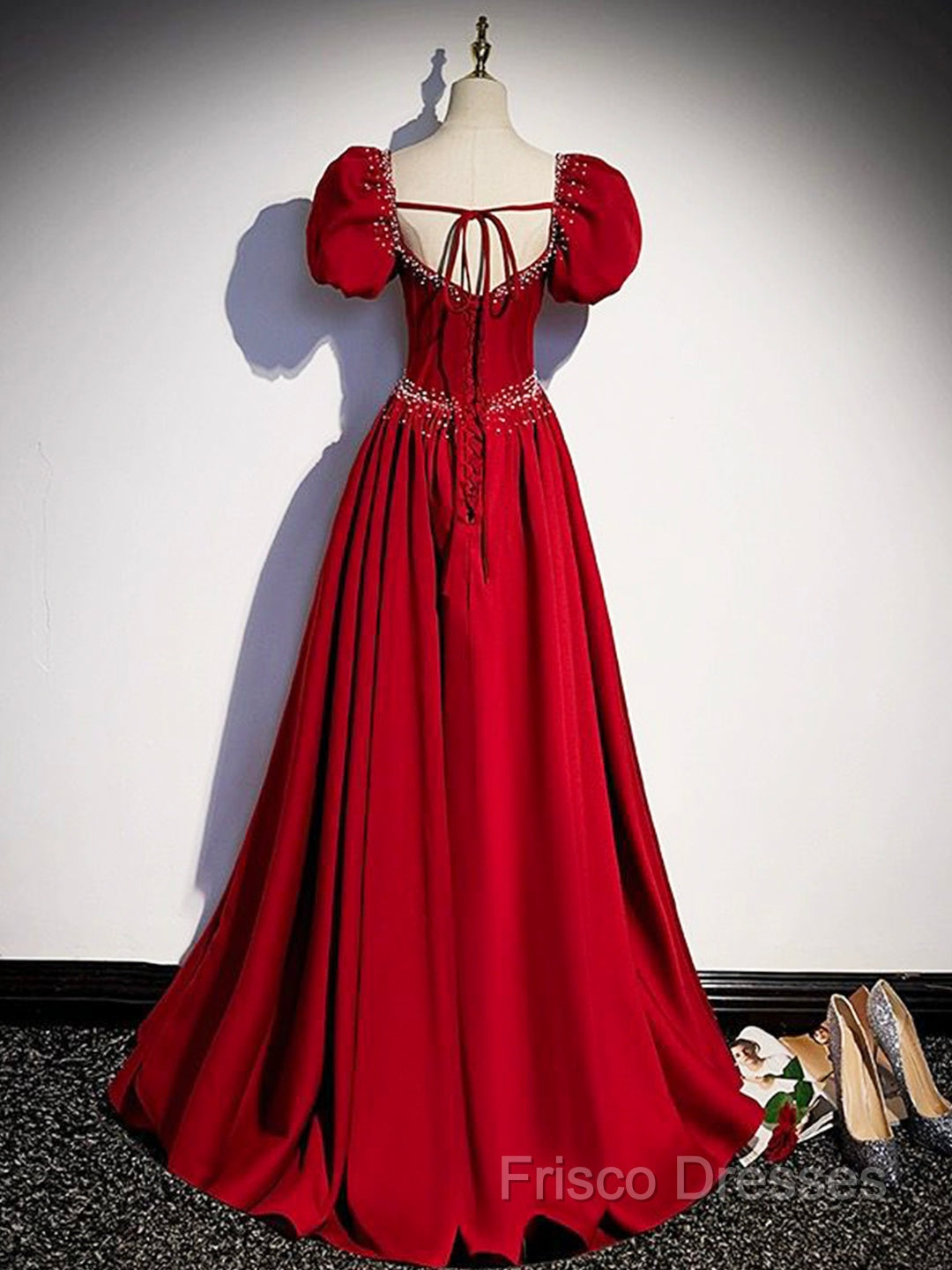 Elegant Burgundy Floor Length Formal Prom Dress, A-Line Beading Puffy Short Sleeve Backless Formal Dress