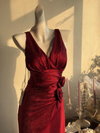 Elegant Burgundy Mermaid Jacquard Satin V-Neck Evening Dress Simple Prom Dress