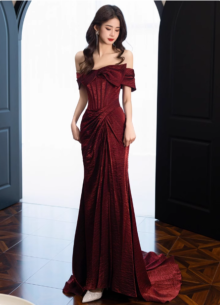 Elegant Burgundy Mermaid Off-The-Shoulder Ruffled Satin Train Prom Dress Evening Dress