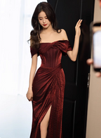 Elegant Burgundy Mermaid Off-The-Shoulder Ruffled Satin Train Prom Dress Evening Dress