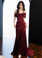 Elegant Burgundy Mermaid Off-The-Shoulder Ruffled Satin Train Prom Dress Evening Dress