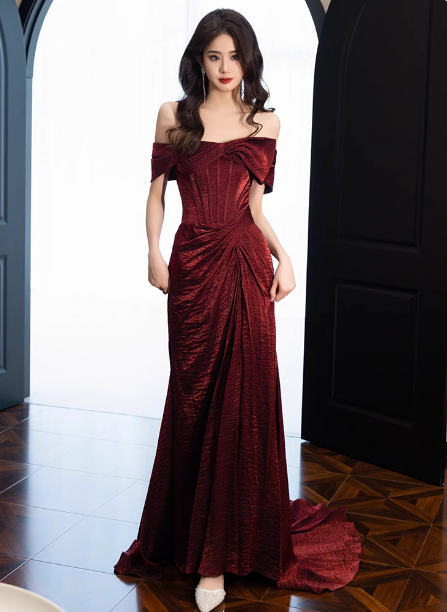 Elegant Burgundy Mermaid Off-The-Shoulder Ruffled Satin Train Prom Dress Evening Dress
