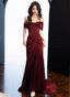 Elegant Burgundy Mermaid Off-The-Shoulder Ruffled Satin Train Prom Dress Evening Dress