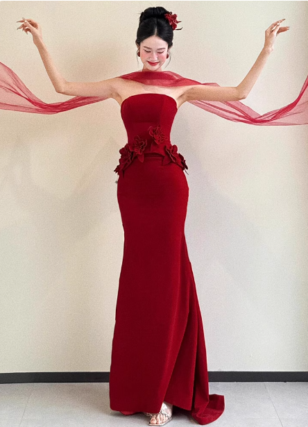 Elegant Burgundy Mermaid Strapless 3D Floral Satin Train Prom Dress Evening Dress Secondary image