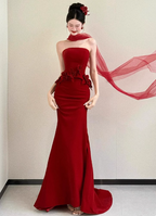 Elegant Burgundy Mermaid Strapless 3D Floral Satin Train Prom Dress Evening Dress