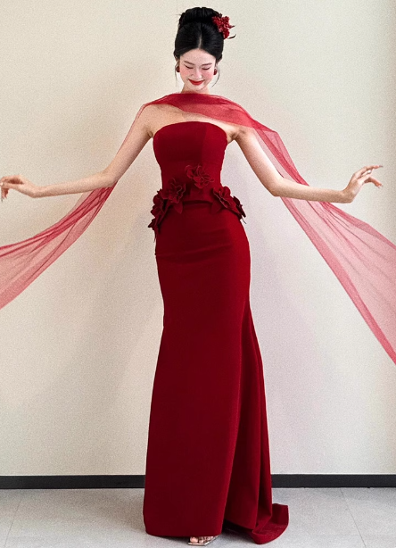 Elegant Burgundy Mermaid Strapless 3D Floral Satin Train Prom Dress Evening Dress
