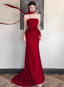 Elegant Burgundy Mermaid Strapless 3D Floral Satin Train Prom Dress Evening Dress