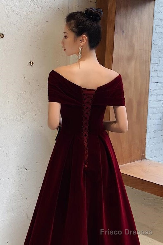 Elegant Burgundy Off Shoulder Sweetheart Velvet Party Dress, A-Line Long Formal Dress Prom Dress
