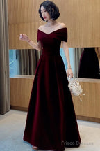 Elegant Burgundy Off Shoulder Sweetheart Velvet Party Dress, A-Line Long Formal Dress Prom Dress