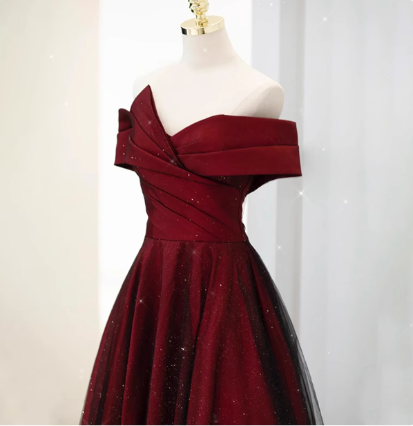 Elegant Burgundy Off-The-Shoulder A-Line Satin Tulle Long Prom Dress Evening Dress Secondary image