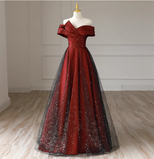 Elegant Burgundy Off-The-Shoulder A-Line Satin Tulle Long Prom Dress Evening Dress Main image