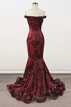 Elegant Burgundy Off-the-shoulder Mermaid Formal Prom Dress
