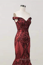 Elegant Burgundy Off-the-shoulder Mermaid Formal Prom Dress