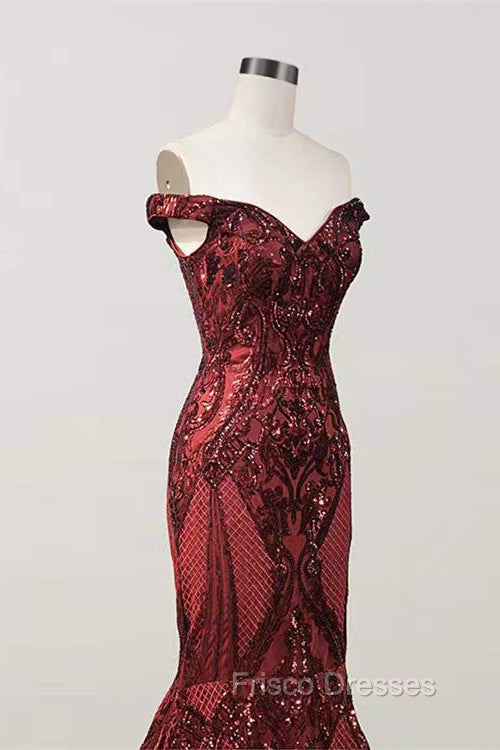Elegant Burgundy Off-the-shoulder Mermaid Formal Prom Dress