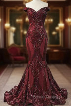 Elegant Burgundy Off-the-shoulder Mermaid Formal Prom Dress