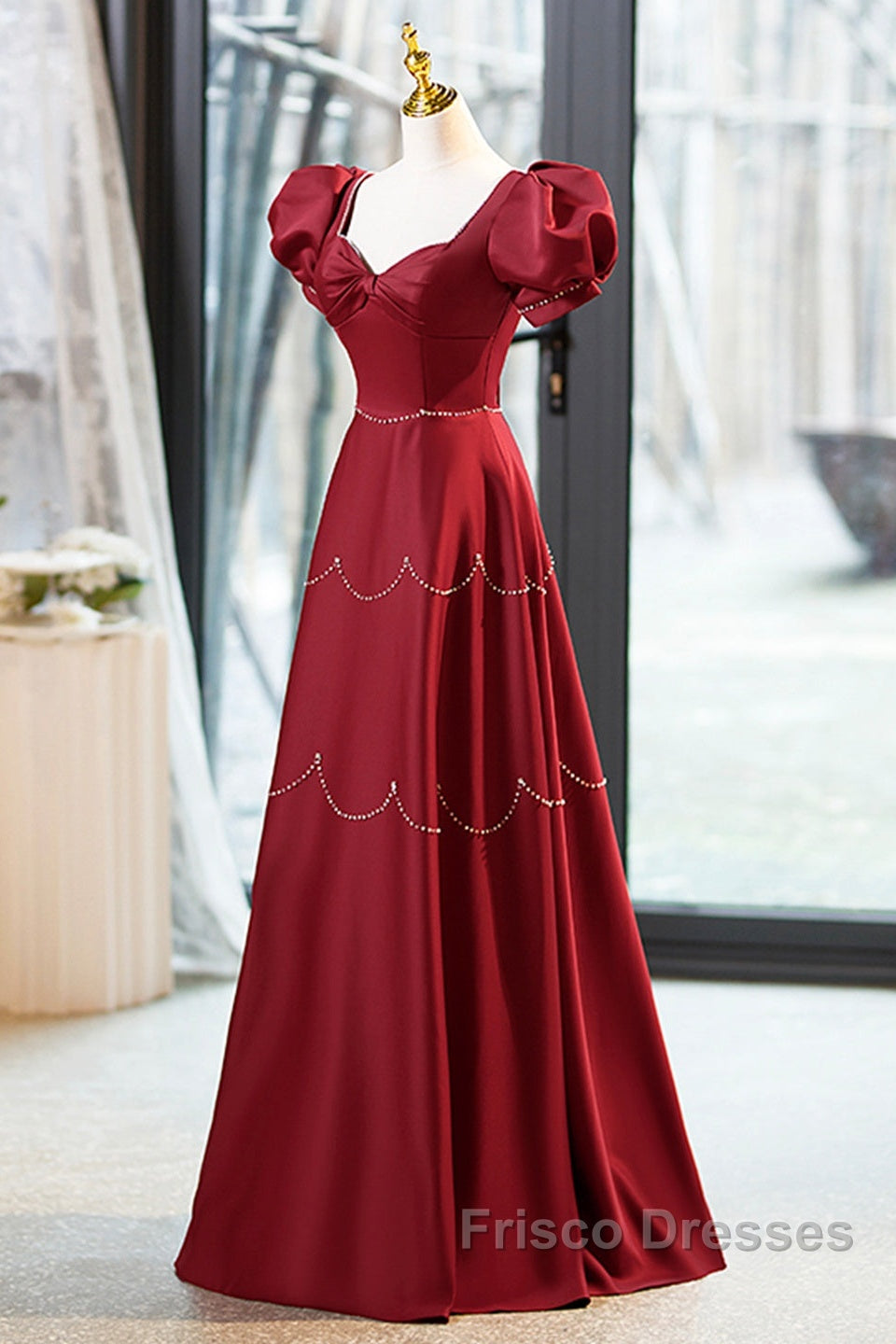 Elegant Burgundy Satin Long Formal Prom Dress With Beaded, Burgundy Short Sleeve Evening Dress Secondary image