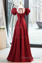 Elegant Burgundy Satin Long Formal Prom Dress With Beaded, Burgundy Short Sleeve Evening Dress