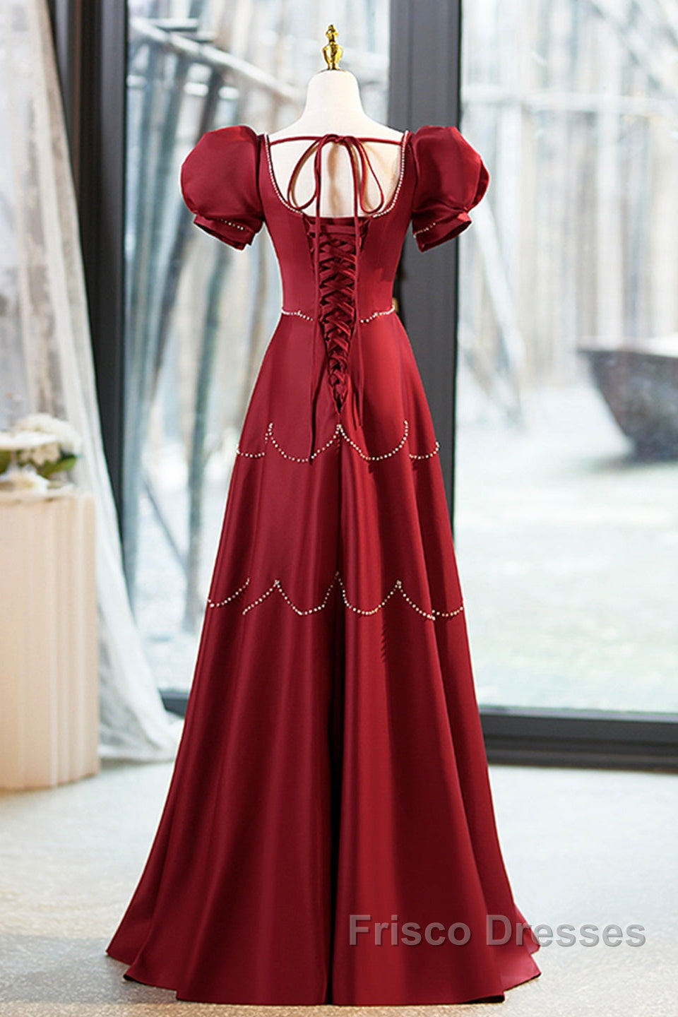 Elegant Burgundy Satin Long Formal Prom Dress With Beaded, Burgundy Short Sleeve Evening Dress
