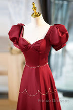 Elegant Burgundy Satin Long Formal Prom Dress With Beaded, Burgundy Short Sleeve Evening Dress
