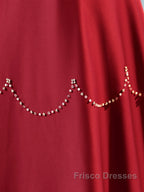 Elegant Burgundy Satin Long Formal Prom Dress With Beaded, Burgundy Short Sleeve Evening Dress