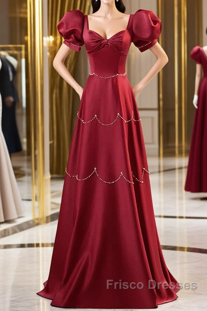 Elegant Burgundy Satin Long Formal Prom Dress With Beaded, Burgundy Short Sleeve Evening Dress