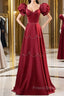 Elegant Burgundy Satin Long Formal Prom Dress With Beaded, Burgundy Short Sleeve Evening Dress