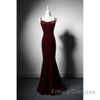 Elegant Burgundy Spaghetti Straps Velvet Mermaid Formal Prom Dress Evening Dress