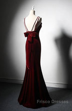 Elegant Burgundy Spaghetti Straps Velvet Mermaid Formal Prom Dress Evening Dress