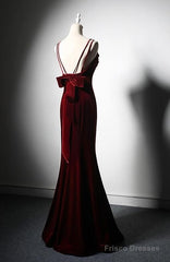 Elegant Burgundy Spaghetti Straps Velvet Mermaid Prom Dress Evening Dress