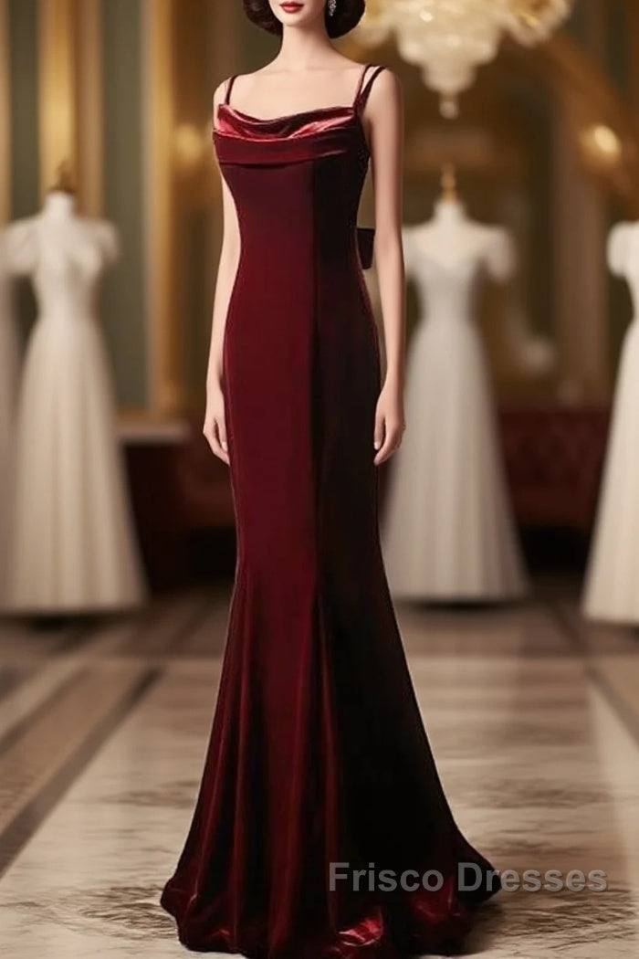 Elegant Burgundy Spaghetti Straps Velvet Mermaid Formal Prom Dress Evening Dress