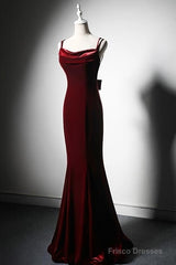 Elegant Burgundy Spaghetti Straps Velvet Mermaid Prom Dress Evening Dress