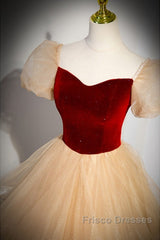 Elegant Burgundy Sparkling Sequin Square Neck Fluffy Short Sleeved Ball Dress, Burgundy Princess Sheer Backless Strap, Floor Length Layered Ruffle Edge Formal Prom Dress