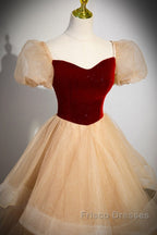Elegant Burgundy Sparkling Sequin Square Neck Fluffy Short Sleeved Ball Dress, Burgundy Princess Sheer Backless Strap, Floor Length Layered Ruffle Edge Formal Prom Dress