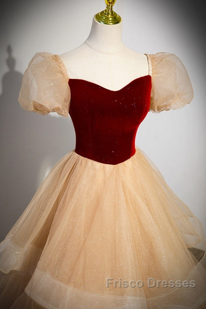 Elegant Burgundy Sparkling Sequin Square Neck Fluffy Short Sleeved Ball Dress, Burgundy Princess Sheer Backless Strap, Floor Length Layered Ruffle Edge Formal Prom Dress