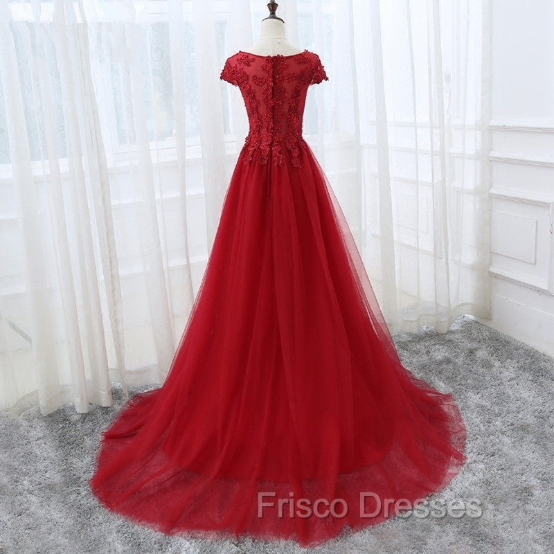 Elegant Cap Sleeve Lace Applique Tulle Party Dress, Formal Prom Gowns Secondary image
