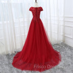 Elegant Cap Sleeve Lace Applique Tulle Party Dress, Formal Prom Gowns
